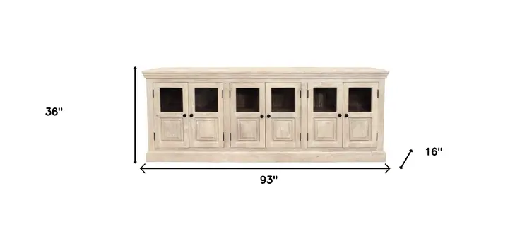 93" White Solid Wood Distressed Sideboard with Six Glass Doors
