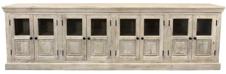 118" White Solid Wood Distressed Sideboard with 8 Glass Doors