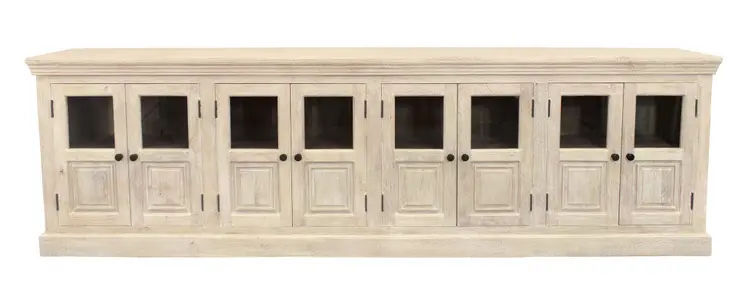 118" White Solid Wood Distressed Sideboard with 8 Glass Doors