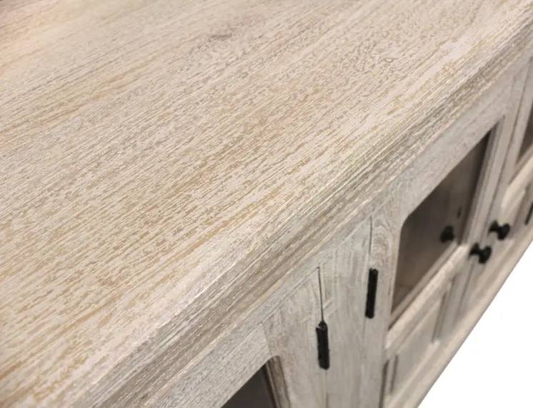 118" White Solid Wood Distressed Sideboard with 8 Glass Doors