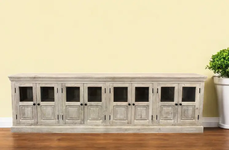 118" White Solid Wood Distressed Sideboard with 8 Glass Doors
