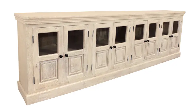 118" White Solid Wood Distressed Sideboard with 8 Glass Doors