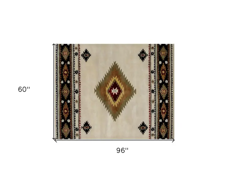 5' X 8' Ivory and Black Southwestern Hand Tufted Non Skid Area Rug