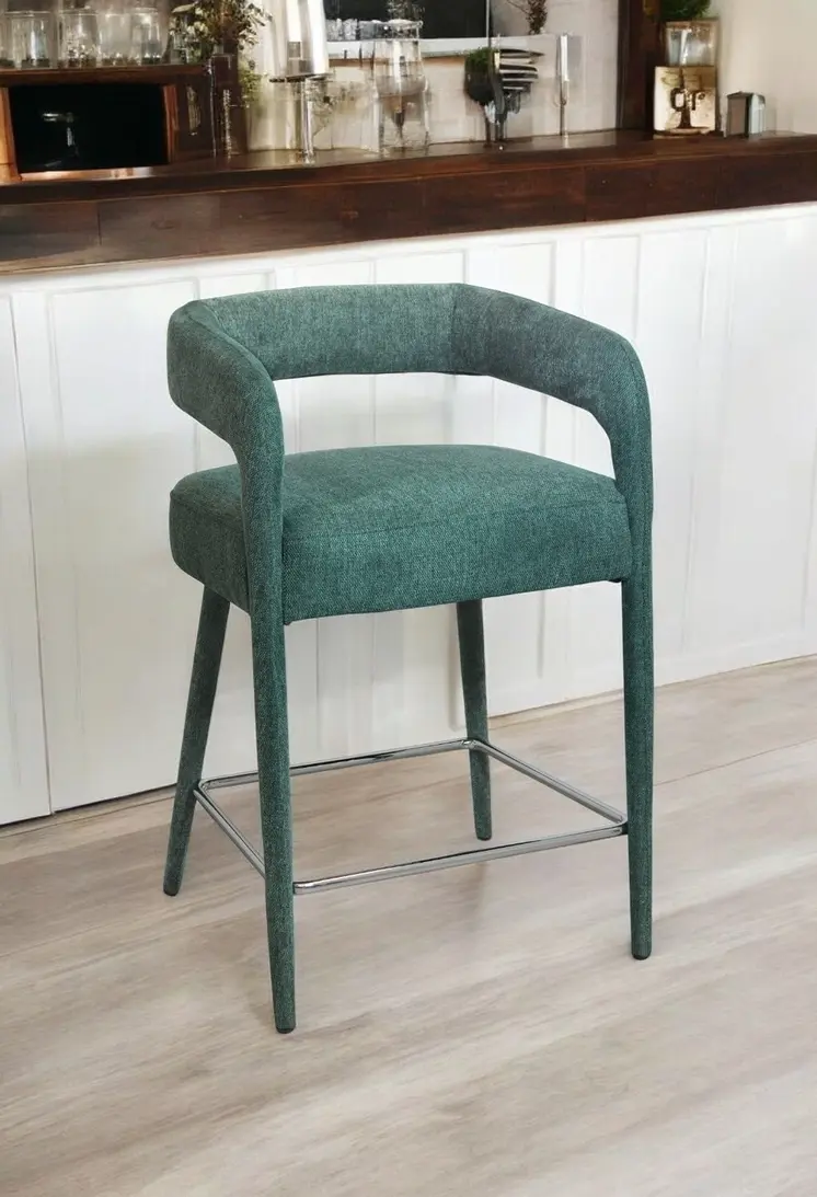 25" Teal Blue Metal and Fabric Low Back Counter Height Bar Chair