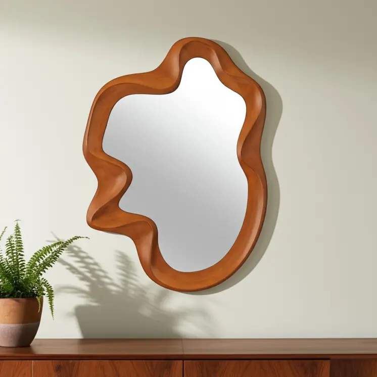 35" Brown Solid Wood Abstract Geometric Framed Accent Mirror