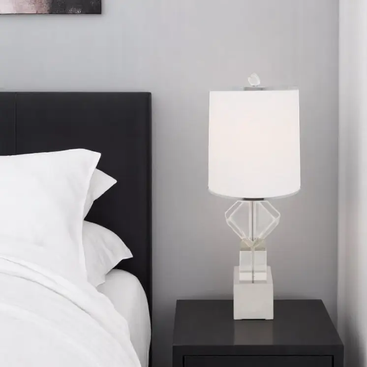 31" Clear And Silver Faux Crystal Geometric Table Lamp LED With White Drum Shade
