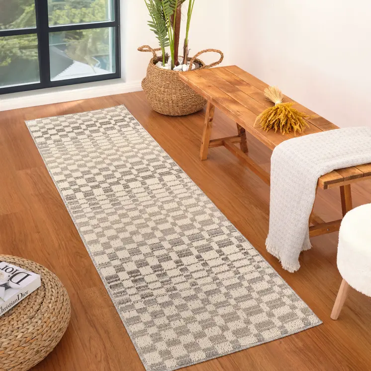 8' Gray And Beige Checkered Distressed Runner Rug