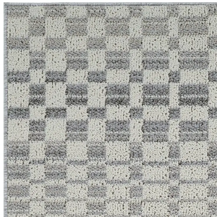 8' Gray And Beige Checkered Distressed Runner Rug