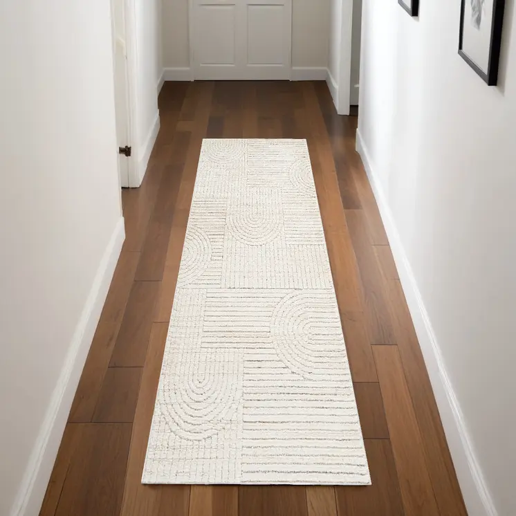 8' Cream and Beige Abstract Distressed Runner Rug