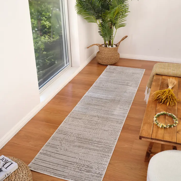 8' Gray And Ivory Abstract Distressed Runner Rug