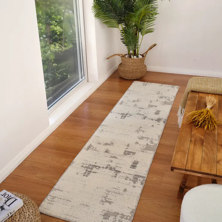 8' Gray And Cream Abstract Distressed Runner Rug