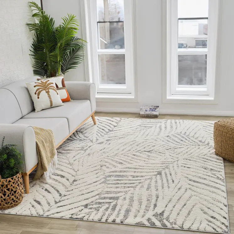 5' X 8' Gray and Cream Botanical Leaves Area Rug