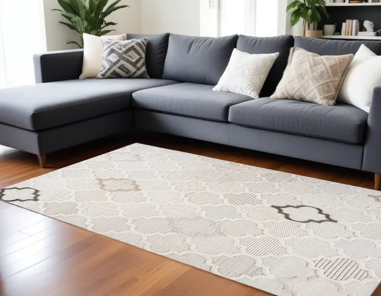 7' X 10' Cream and Beige Geometric Distressed Area Rug