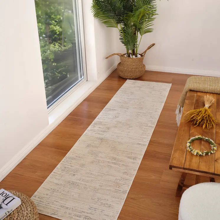 8' Gray And Beige Geometric Distressed Runner Rug