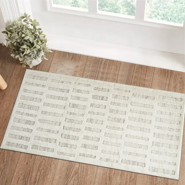2' X 5' Gray and Beige Geometric Distressed Area Rug