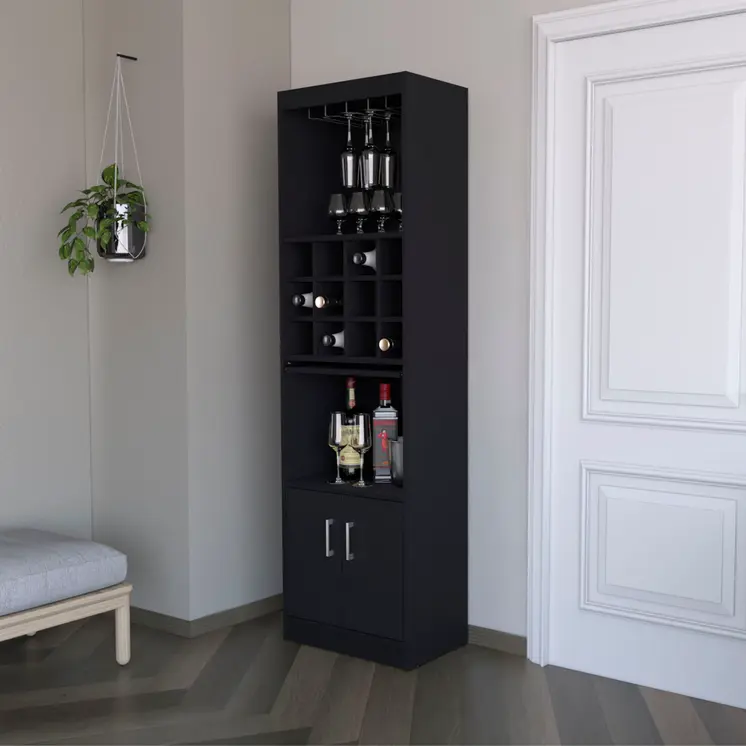 71" Black Wood Bar Cabinet With Two Doors
