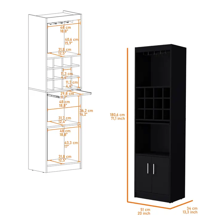71" Black Wood Bar Cabinet With Two Doors