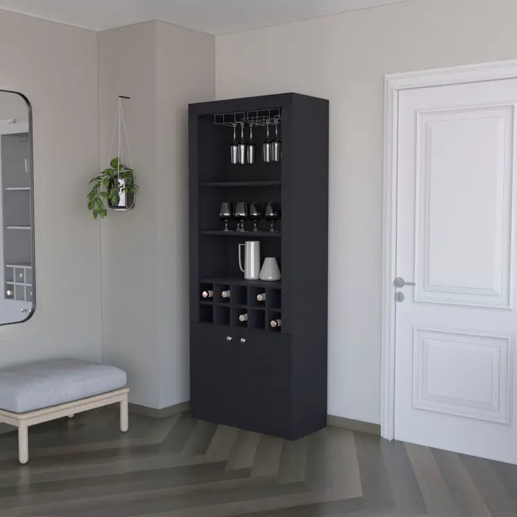 75" Black Wood Bar Cabinet With Two Doors