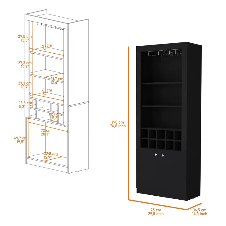 75" Black Wood Bar Cabinet With Two Doors