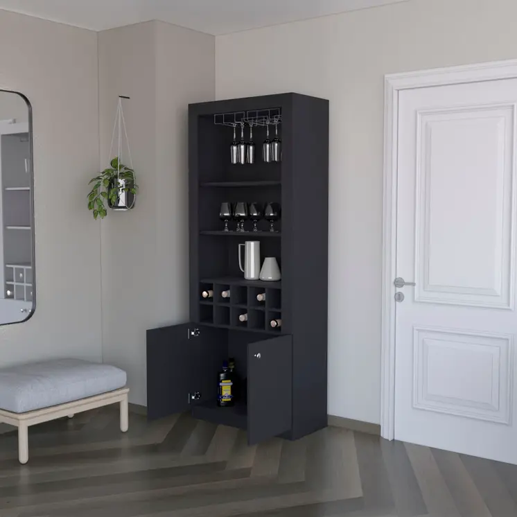 75" Black Wood Bar Cabinet With Two Doors