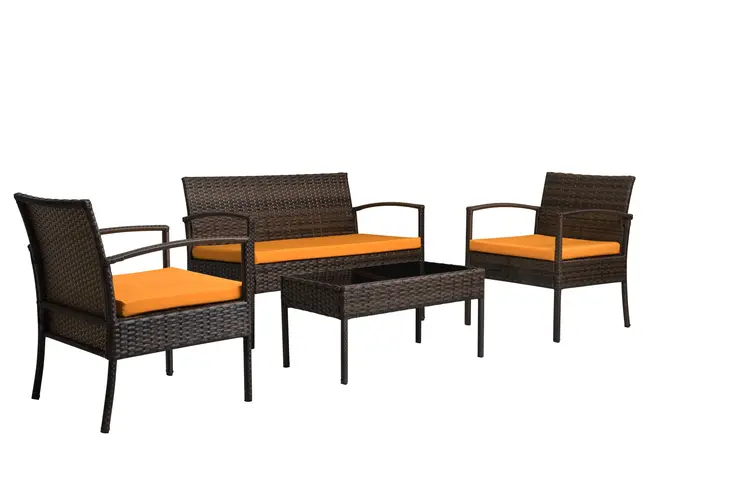 Four Piece Outdoor Dark Brown Wicker Sofa Seating Group with Orange Cushions