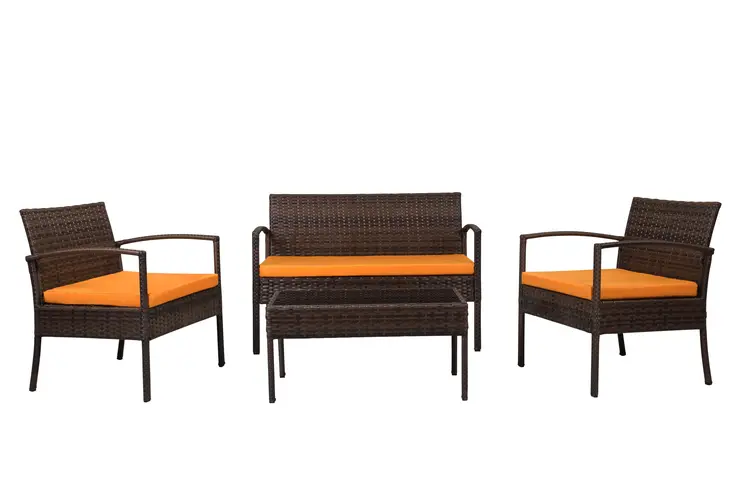 Four Piece Outdoor Dark Brown Wicker Sofa Seating Group with Orange Cushions