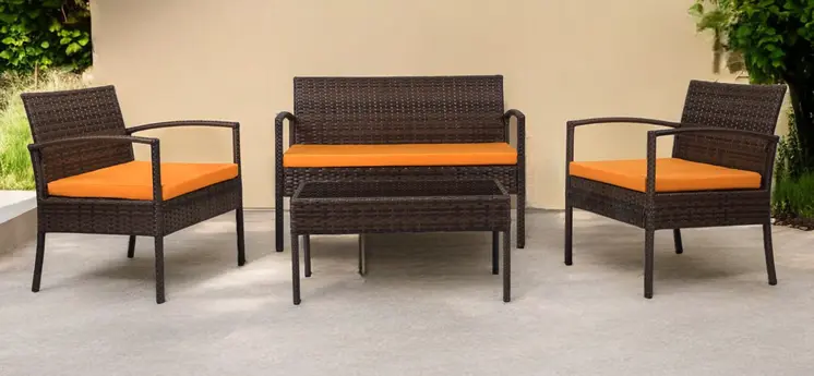 Four Piece Outdoor Dark Brown Wicker Sofa Seating Group with Orange Cushions