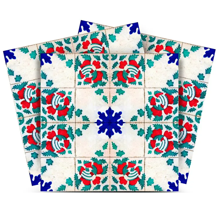 8" x 8" Gold Red White and Steel Blue Bell Mosaic Peel and Stick Removable Tiles