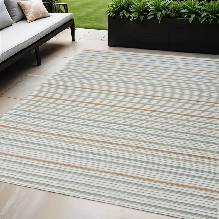 5' X 7' Cream and Beige Striped Distressed Indoor Outdoor Area Rug