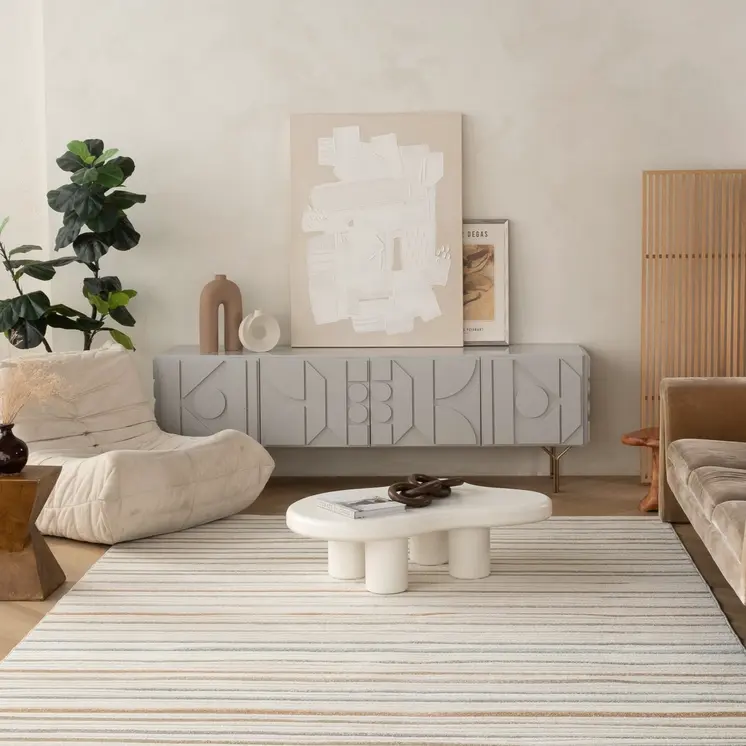 5' X 7' Cream and Beige Striped Distressed Indoor Outdoor Area Rug
