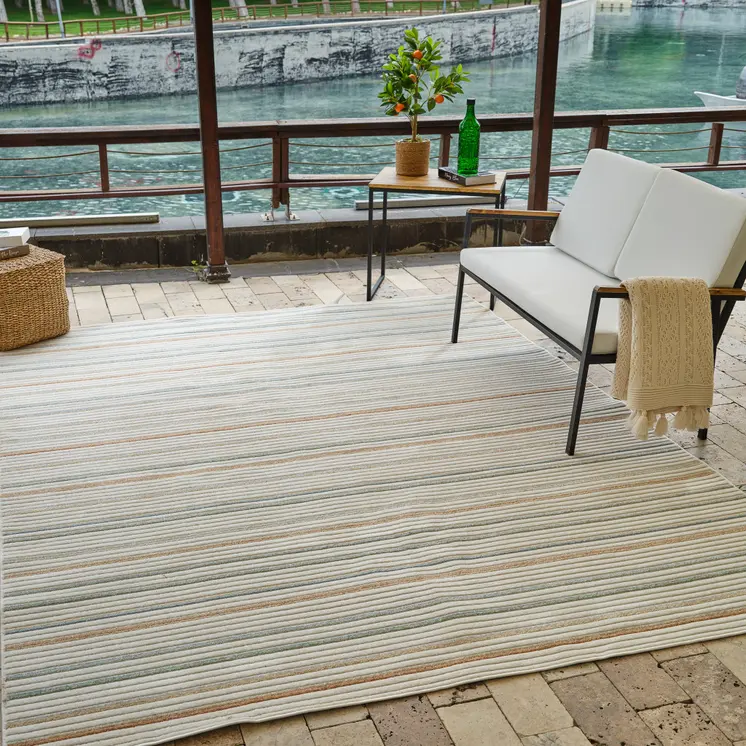 8' X 10' Cream and Beige Striped Distressed Indoor Outdoor Area Rug
