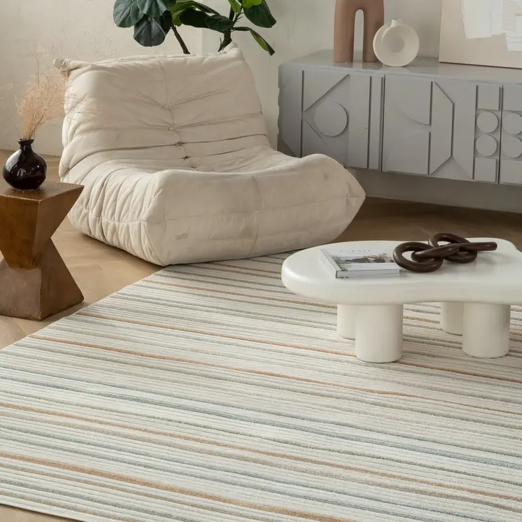 8' X 10' Cream and Beige Striped Distressed Indoor Outdoor Area Rug