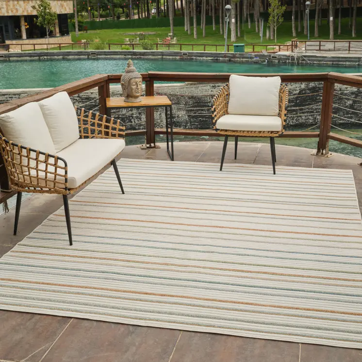 8' X 10' Cream and Beige Striped Distressed Indoor Outdoor Area Rug