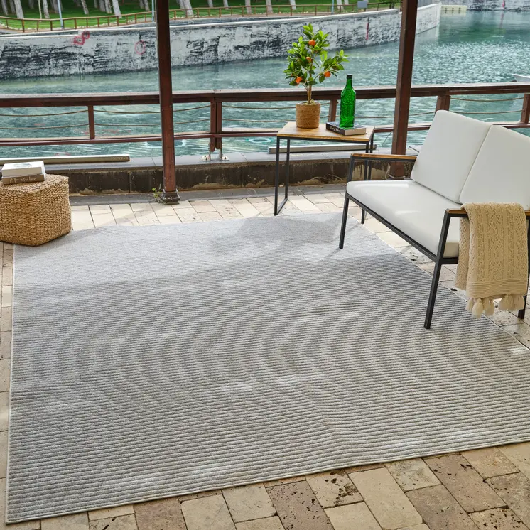 8' X 10' Cream and Beige Striped Distressed Indoor Outdoor Area Rug