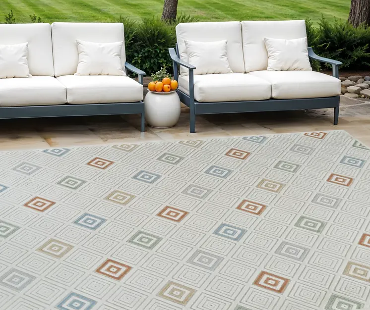8' X 10' Cream and Beige Geometric Distressed Indoor Outdoor Area Rug