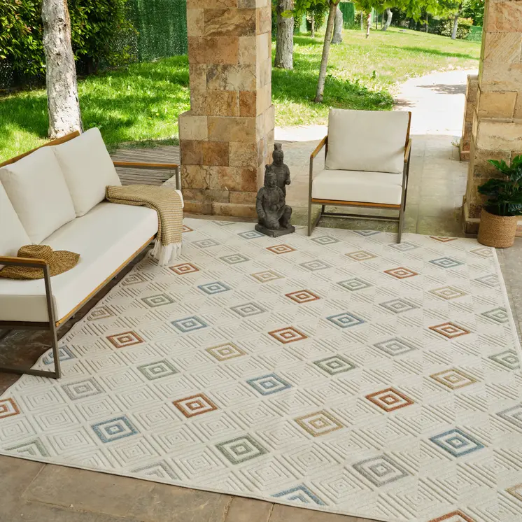 8' X 10' Cream and Beige Geometric Distressed Indoor Outdoor Area Rug