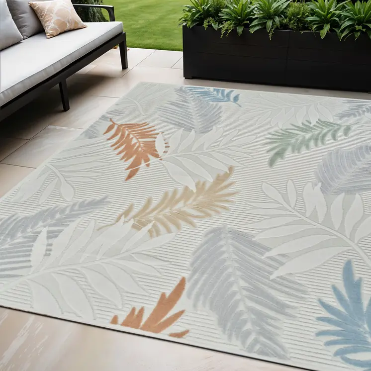5' X 7' Cream and Beige Botanical Leaves Distressed Indoor Outdoor Area Rug