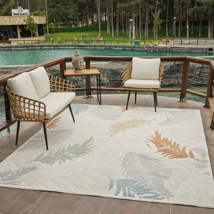 8' X 10' Cream and Beige Botanical Leaves Distressed Indoor Outdoor Area Rug