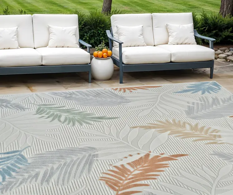8' X 10' Cream and Beige Botanical Leaves Distressed Indoor Outdoor Area Rug
