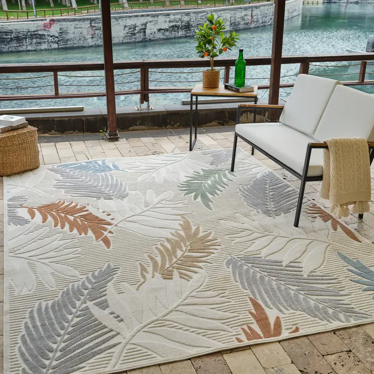8' X 10' Cream and Beige Botanical Leaves Distressed Indoor Outdoor Area Rug