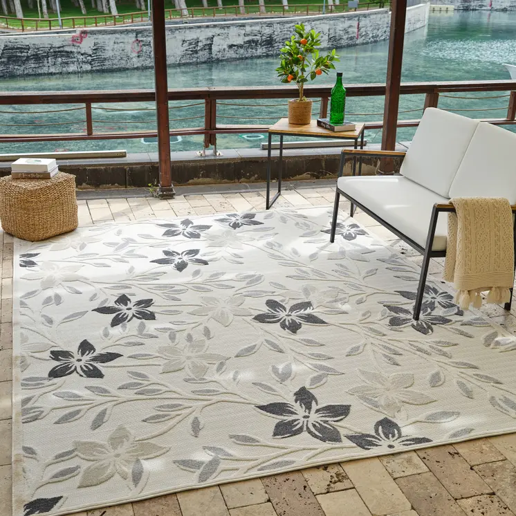 8' X 10' Cream And Gray Floral Distressed Indoor Outdoor Area Rug
