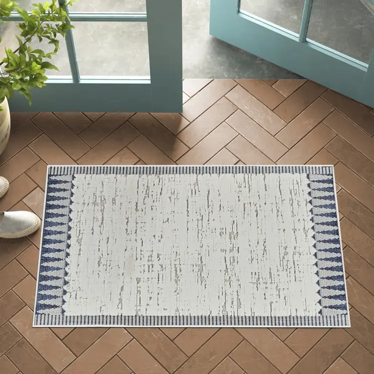 3' X 5' Blue and Cream Abstract Distressed Indoor Outdoor Area Rug