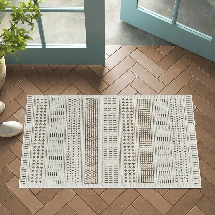 3' X 5' Beige and Brown Geometric Distressed Indoor Outdoor Area Rug