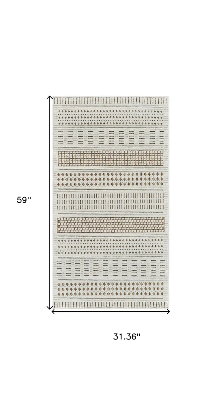 3' X 5' Beige and Brown Geometric Distressed Indoor Outdoor Area Rug