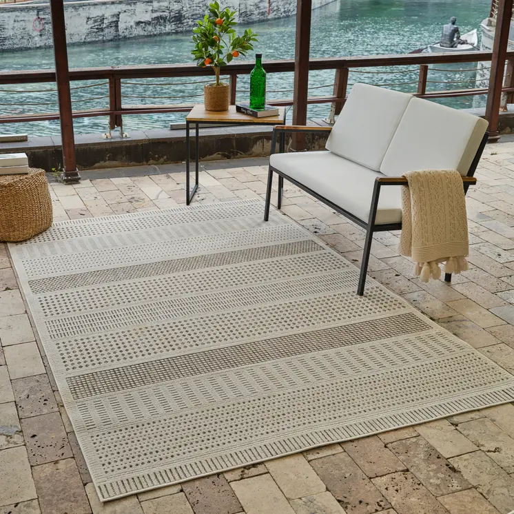 4' X 6' Beige and Brown Geometric Distressed Indoor Outdoor Area Rug