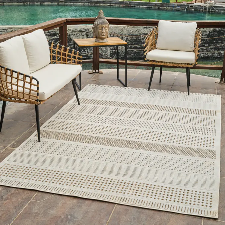 5' X 7' Beige And Brown Geometric Distressed Indoor Outdoor Area Rug