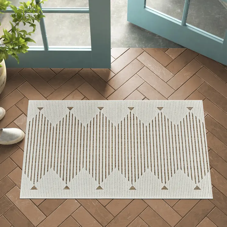 3' X 5' Beige and Brown Geometric Distressed Indoor Outdoor Area Rug
