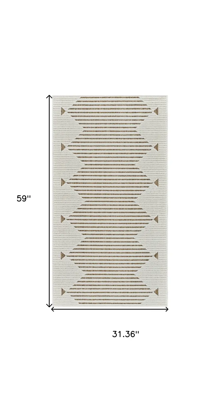 3' X 5' Beige and Brown Geometric Distressed Indoor Outdoor Area Rug
