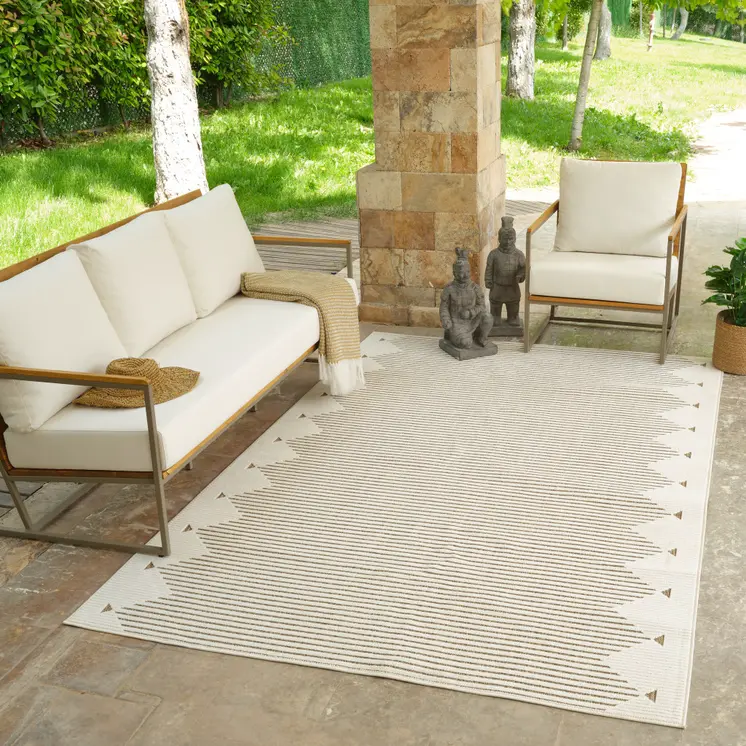 6' X 9' Beige And Brown Geometric Distressed Indoor Outdoor Area Rug