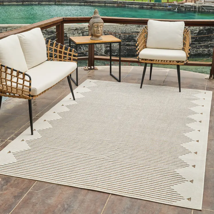 8' X 10' Beige and Brown Geometric Distressed Indoor Outdoor Area Rug